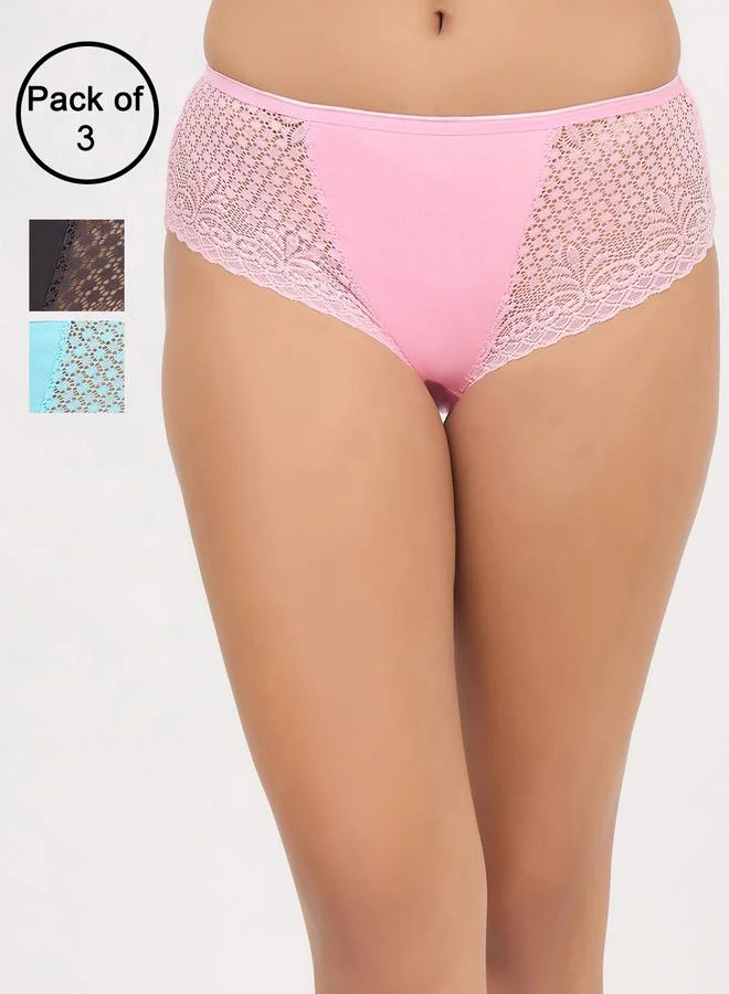 Clovia Multi Pack of 3-Mid Waist Hipster Panties with Lace Wings - Cotton for Women | Best Price UAE